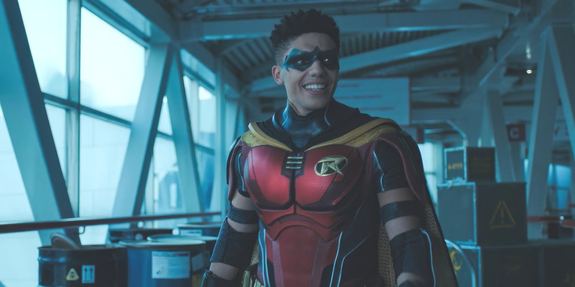 Titans' Jay Lycurgo as Robin, smiling in costume