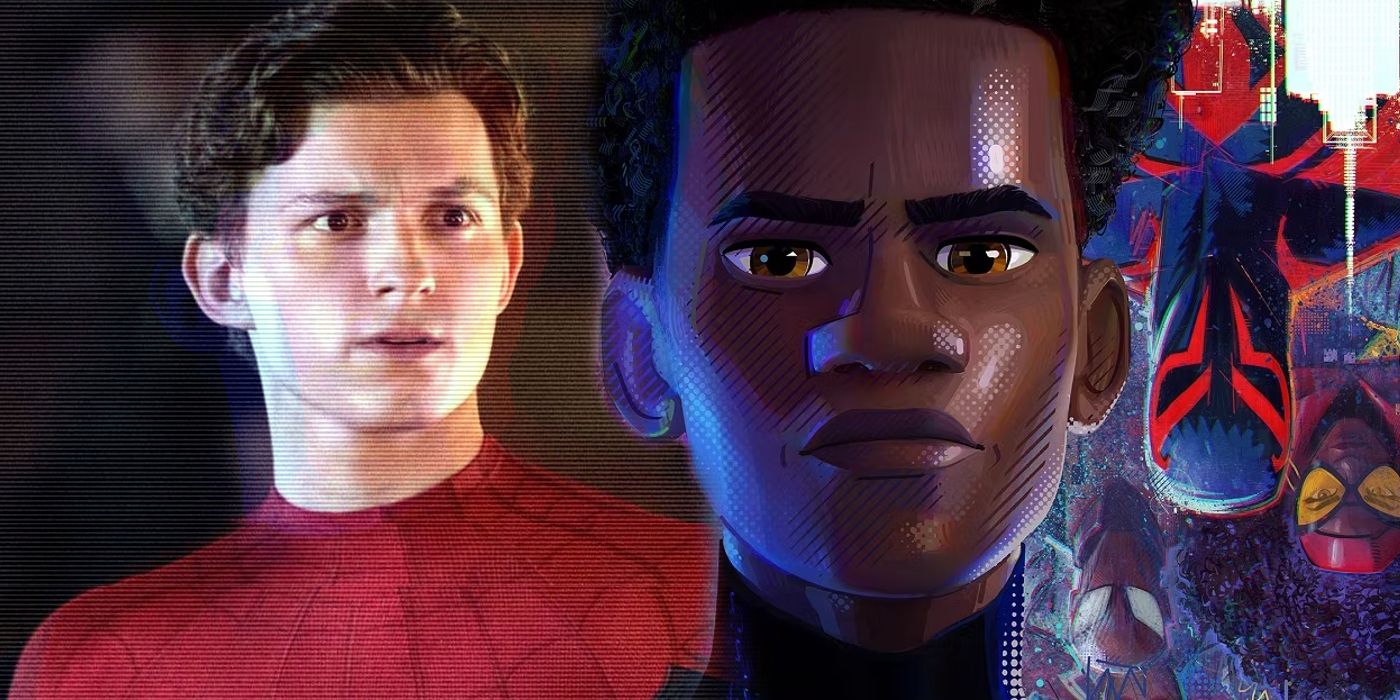 Spider-Man (Tom Holland) in Far From Home; Miles Morales (Shameik Moore) in Across the Spider-Verse
