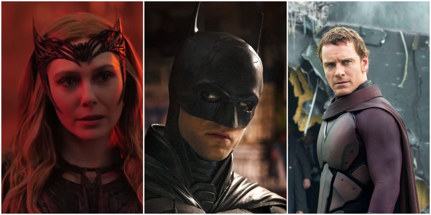A split image showing Scarlet Witch in Doctor Strange in the Multiverse of Madness, Bruce Wayne in The Batman, and Magneto in X-Men Days of Future Past