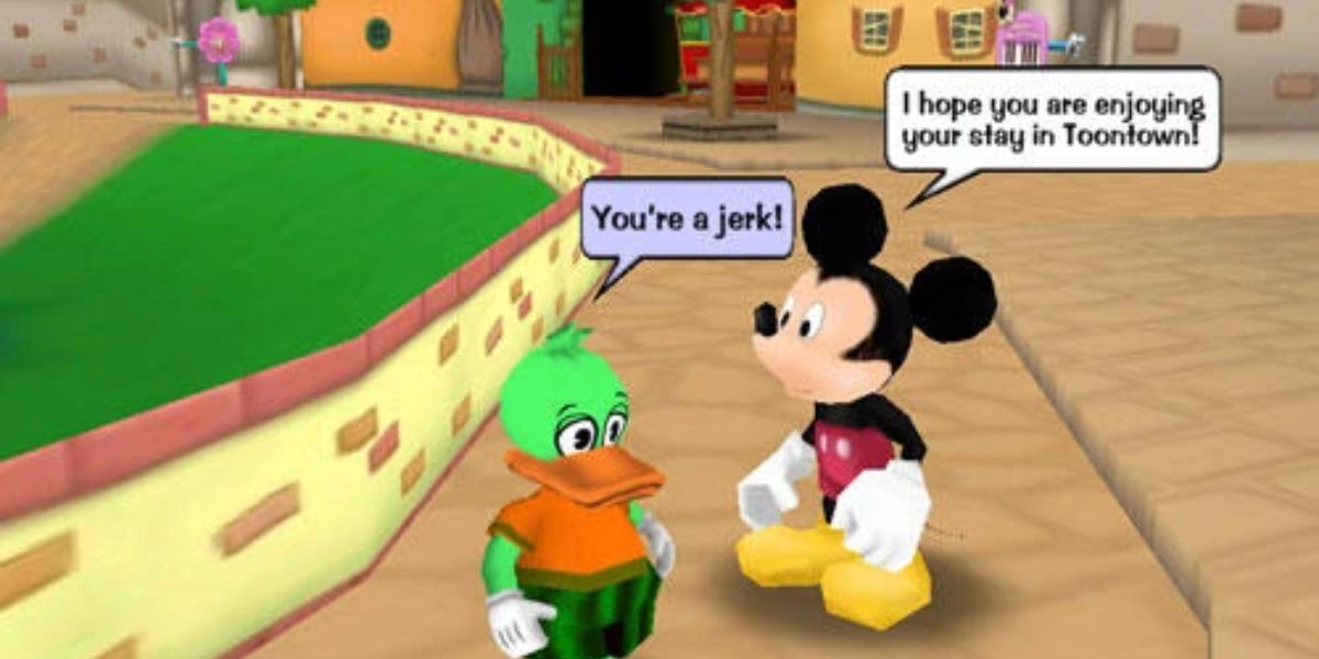 Um personagem do jogador dizendo a Mickey Mouse que ele é um idiota