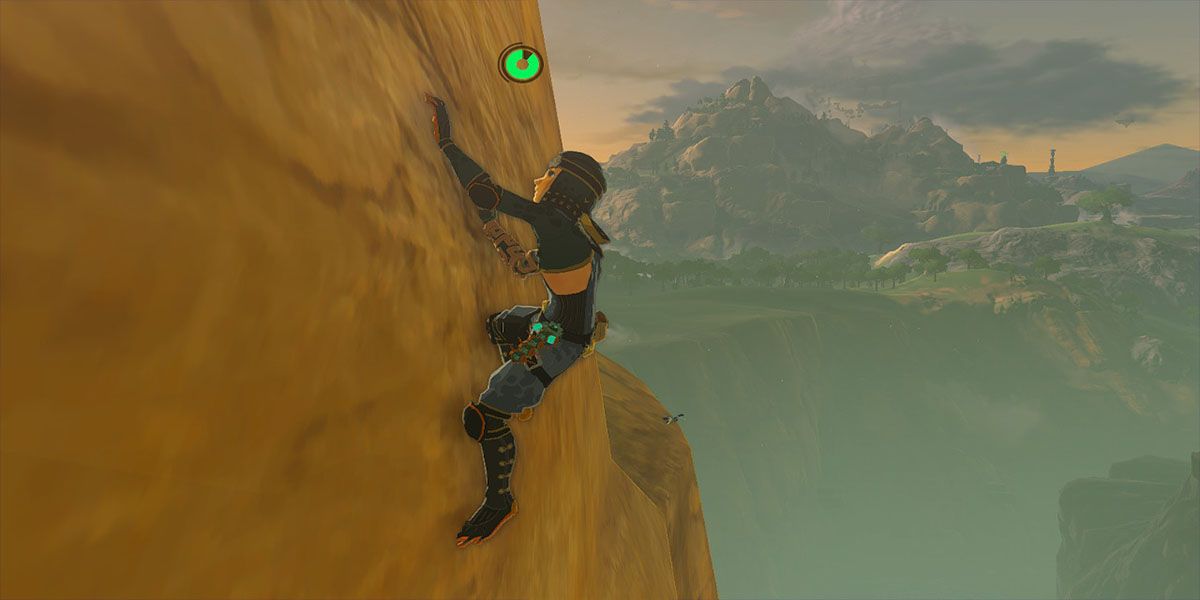 Link está escalando um penhasco em The Legend of Zelda: Tears of the Kingdom enquanto usa o conjunto Froggy Armor.