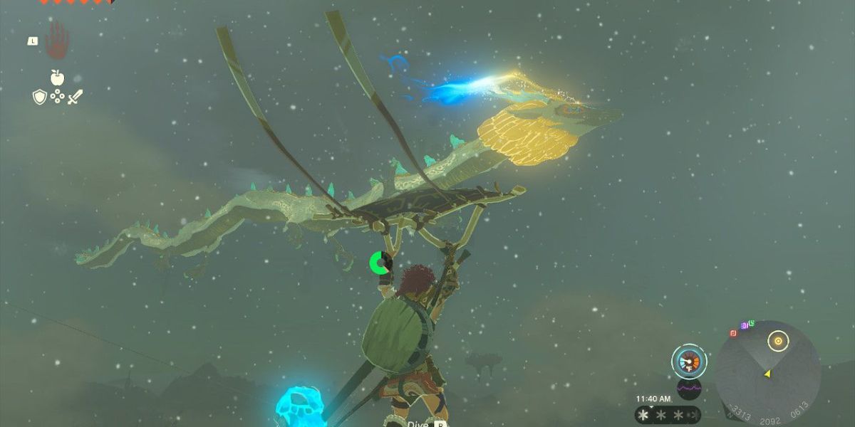 Lágrimas do Reino: Link voando de parapente em direção ao dragão com Master Sword na cabeça