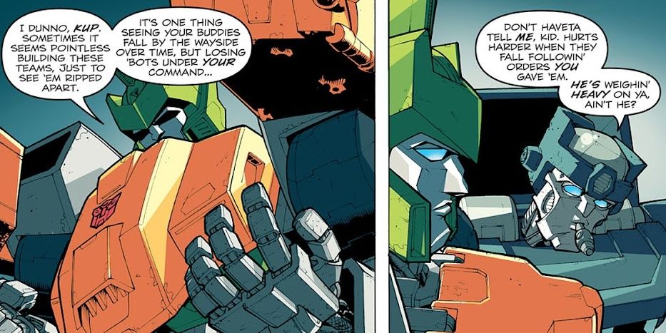 Springer lamenta a perda de soldados sob seu comando com Kup em Transformers Last Stand of the Wreckers da IDW