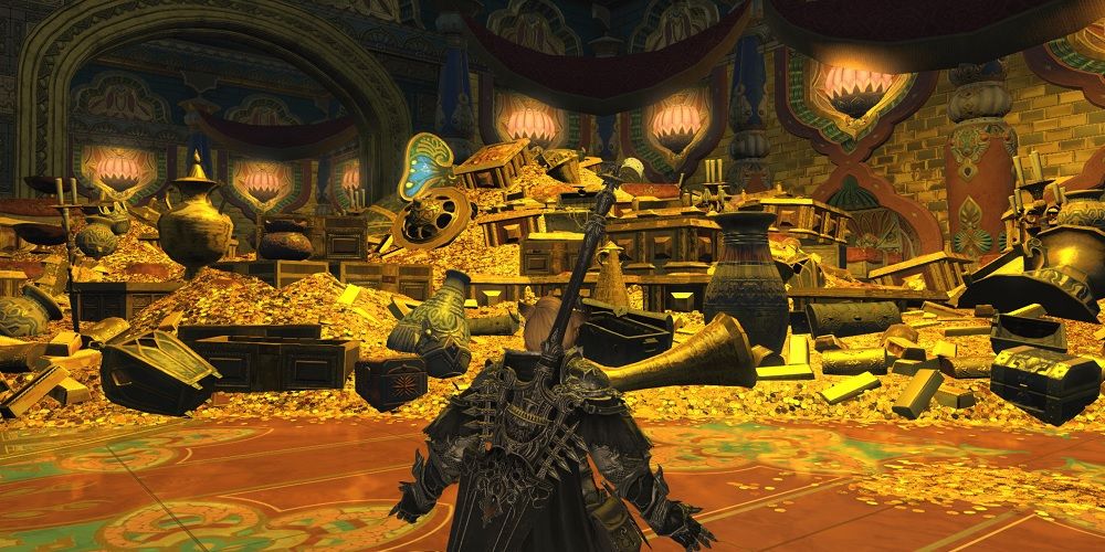 Uma sala do tesouro em Final Fantasy 14 que está cheia de ouro, presumivelmente Gil.