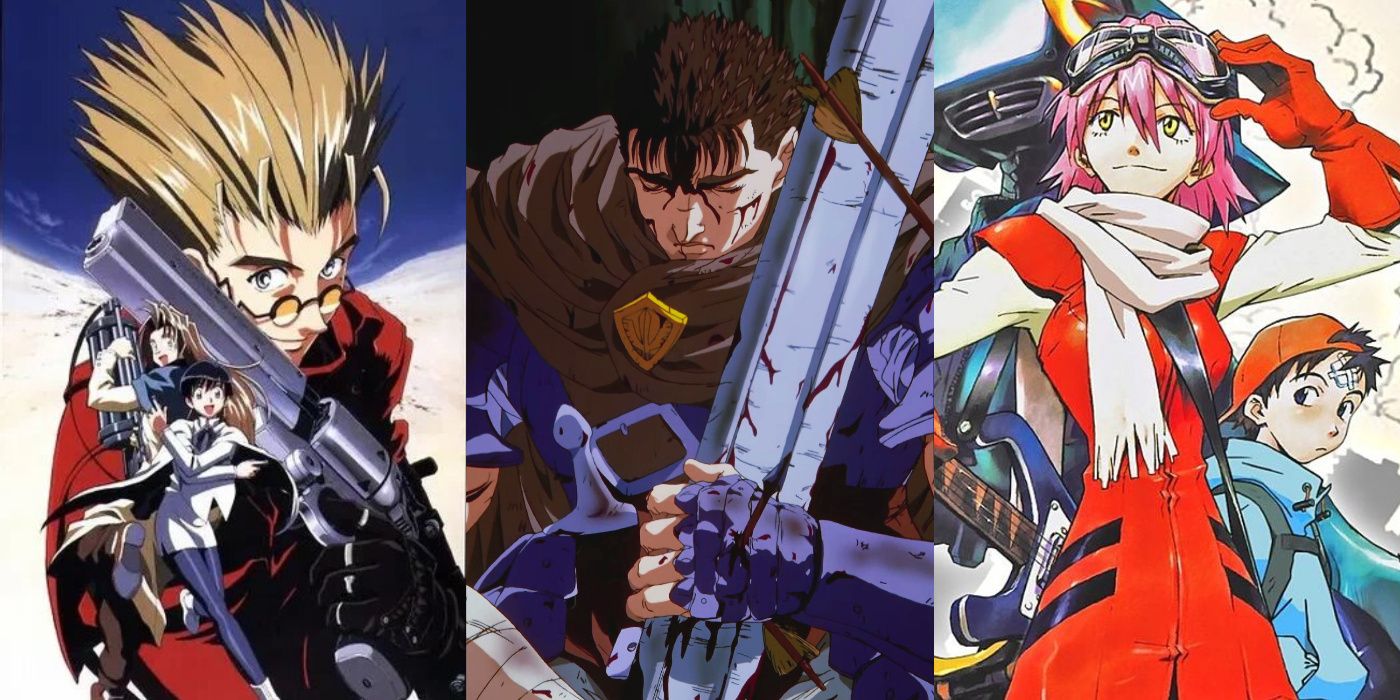 A split image of Trigun '90s anime (left), Berserk '90s anime (center), and FLCL (right).