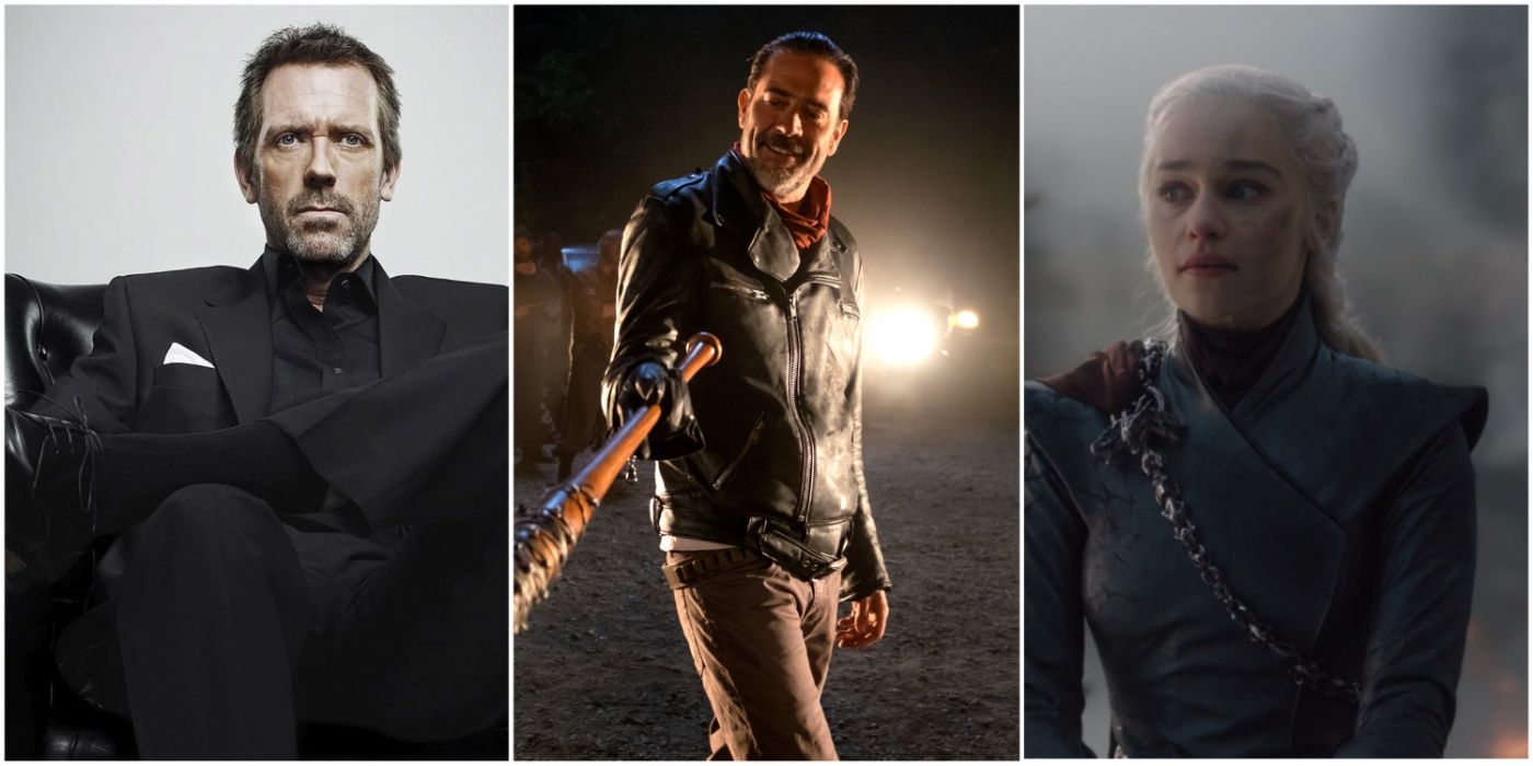 A split image showing Hugh Laurie as Dr. Gregory House, Negan in the Walking Dead, and Daenerys Targaryen in Game of Thrones season 8