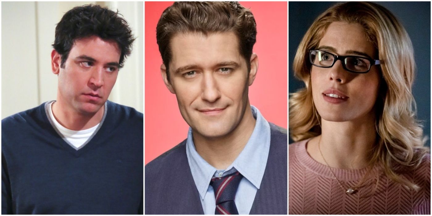 A split image showing Ted Mosby in How I Met Your Mother, Will Schuester in Glee, and Felicity Smoak in Arrow