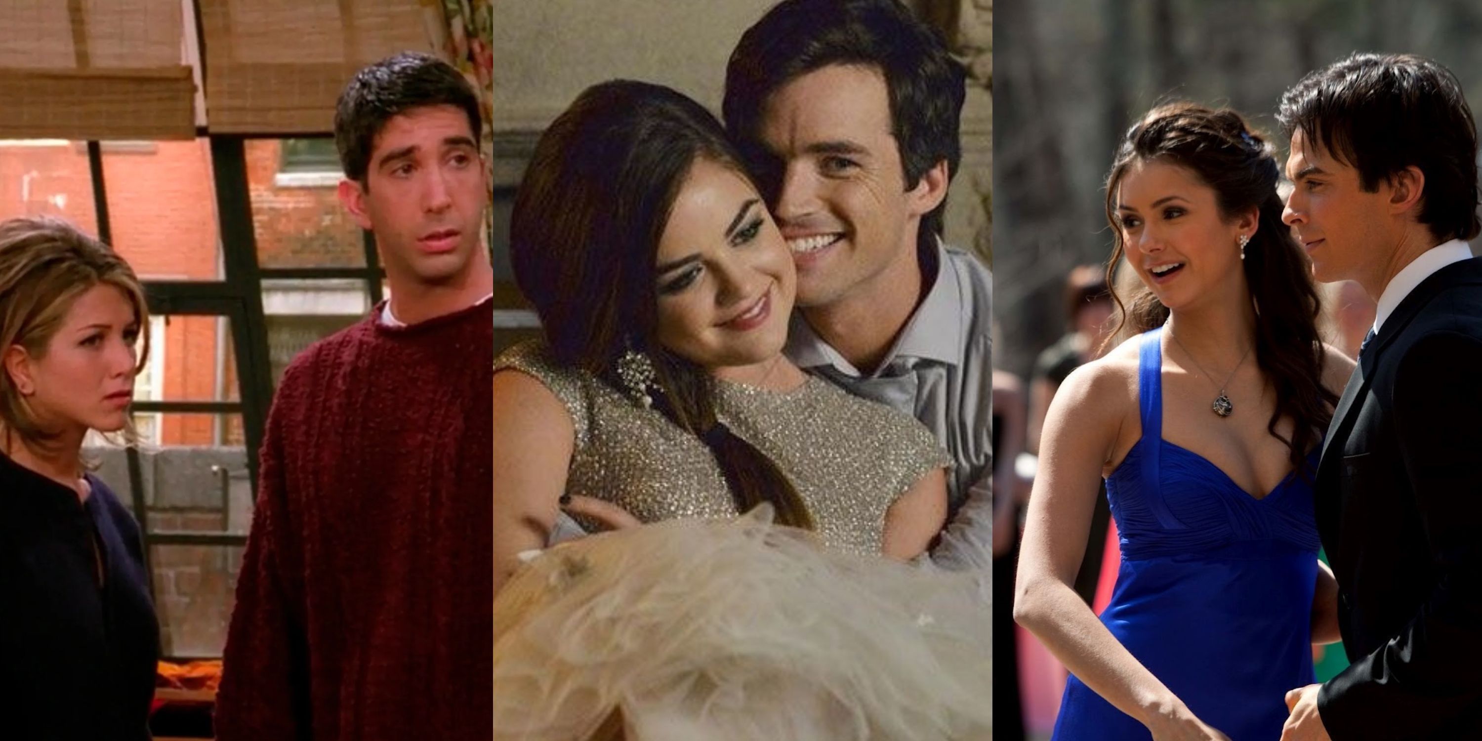A split image of Rachel & Ross (Friends), Ezra & Aria (Pretty Little Liars), and Damon & Elena (Vampire Diaries)