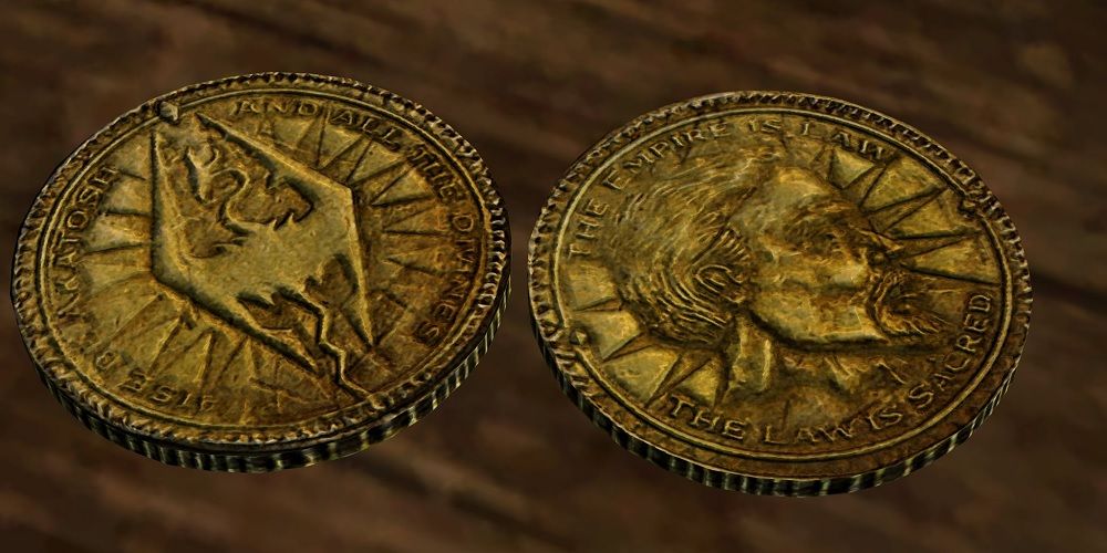 Duas moedas Septim de ouro de The Elder Scrolls.