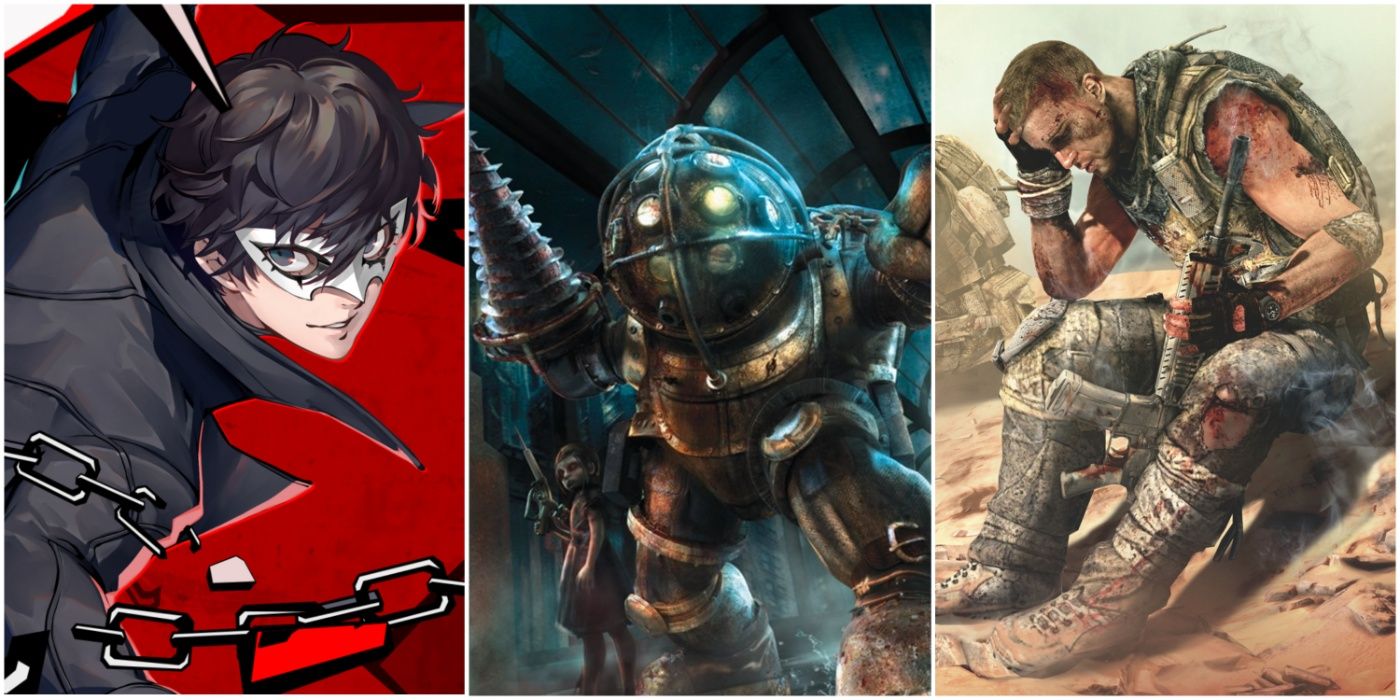 A split image showing Joker in Persona 5, a Big Daddy and Little Sister in Bioshock, and Walker in Spec Ops: The Line