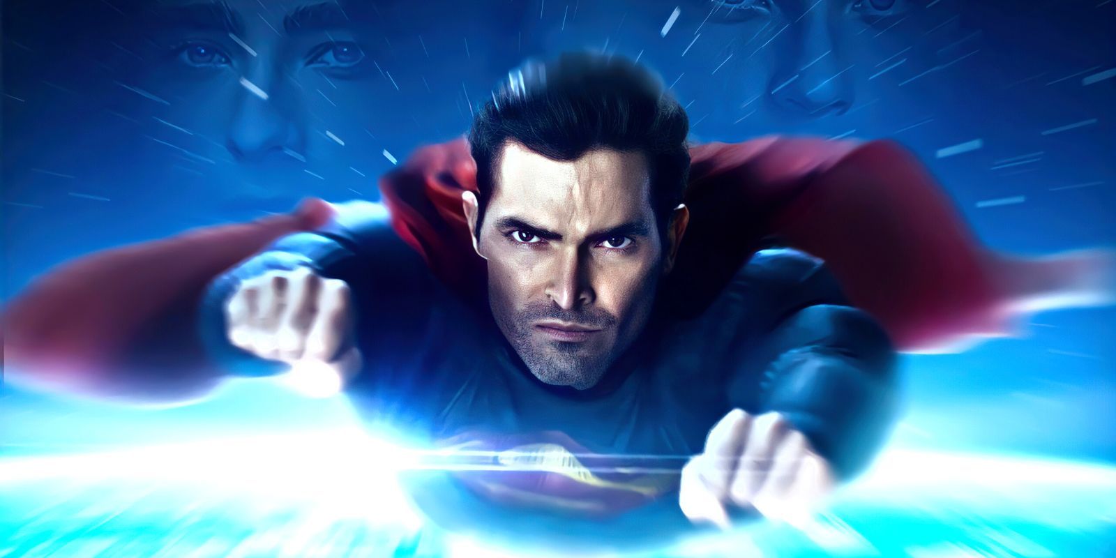 Tyler Hoechlin's Superman flying over a glowing planet Earth