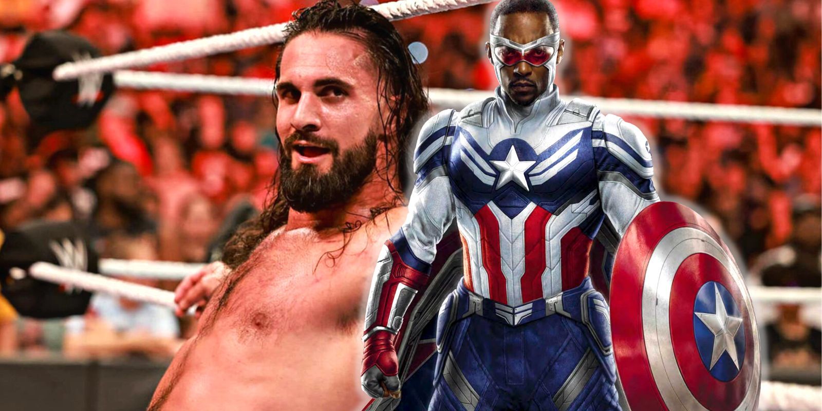 Seth Rollins leans on the ropes alongside Anthony Mackie's Captain America