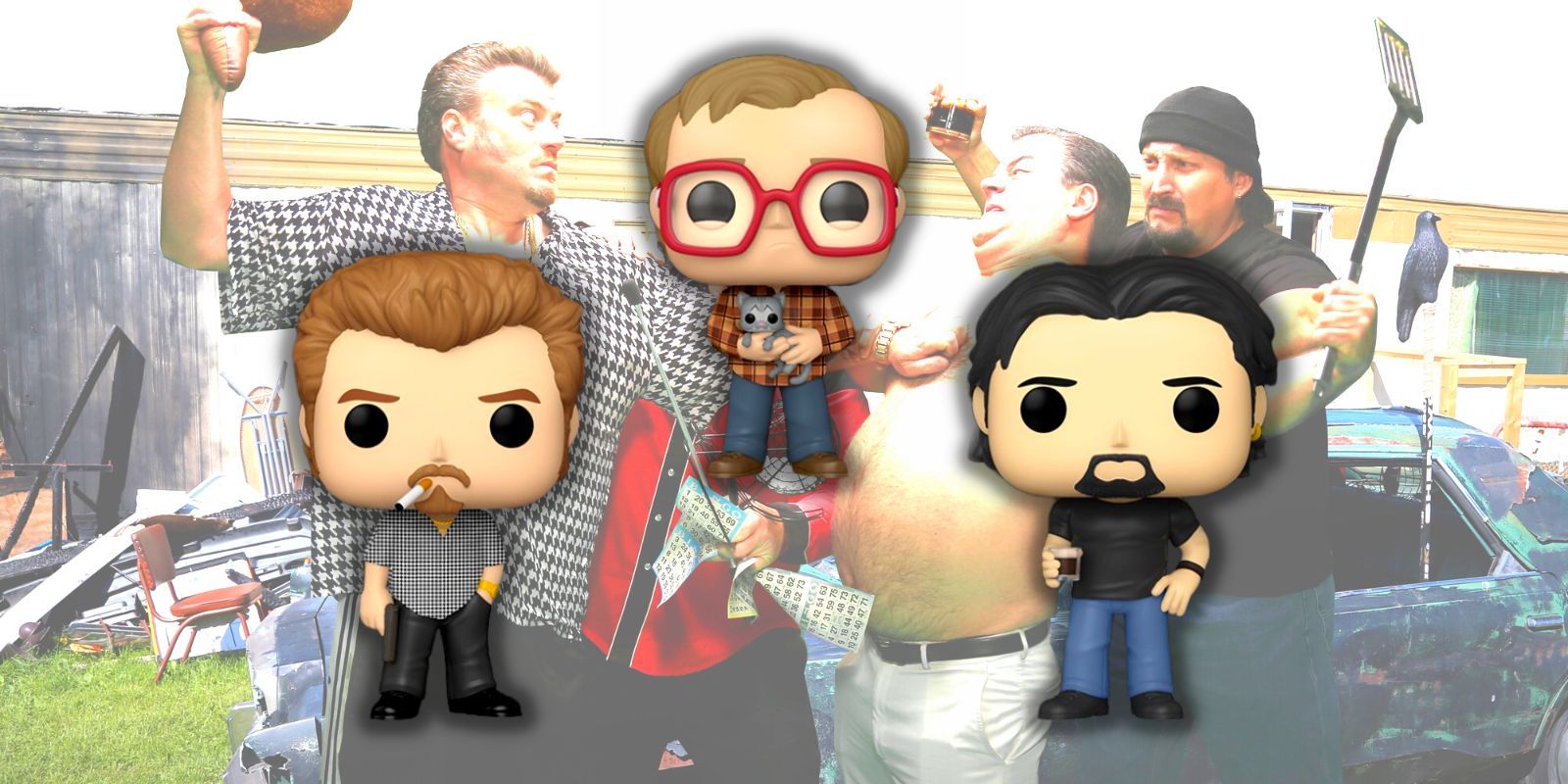 The Trailer Park Boys Funko Pops over an image of Julian swinging a toy beaver