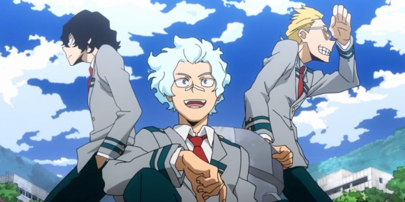 Shota Aizawa, Oboro Shirokuma e Hizashi Yamada como alunos da UA da My Hero Academia. 