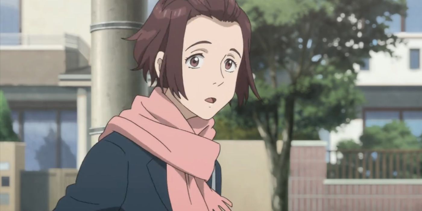 Satomi Murano walking to school wearing a scarf, looking surprised from Parasyte: The Maxim