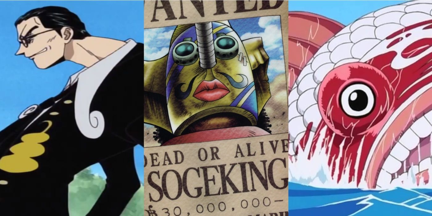 A collage of some of Usopp's lies including pirate Captain Kuro, a 30 Million Bounty, and a Giant Goldfish