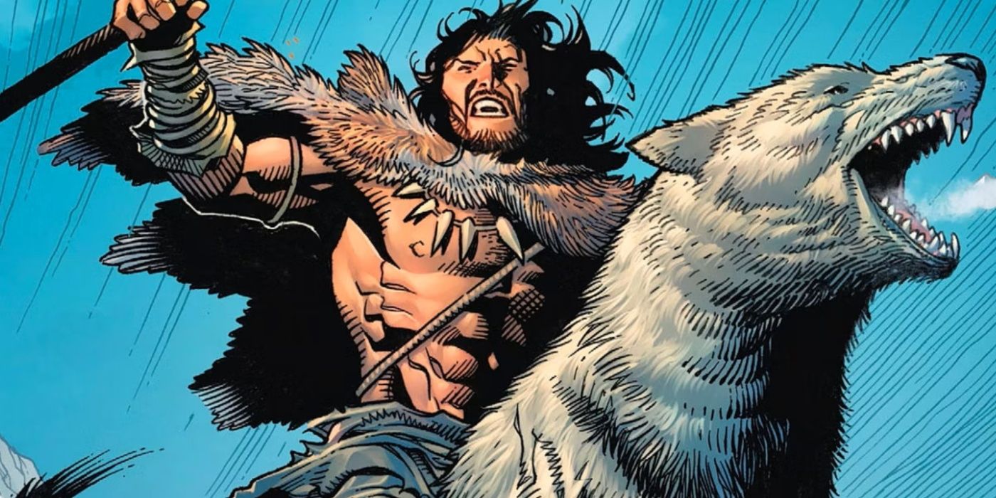 Vandal Savage wielding a spear and riding a dire wolf in prehistoric times in DC Comics