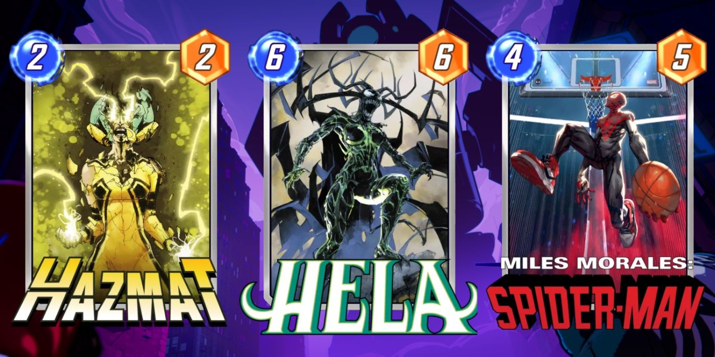 Hazmat, Hela, and Miles Morales Marvel Snap cards against promotional background.