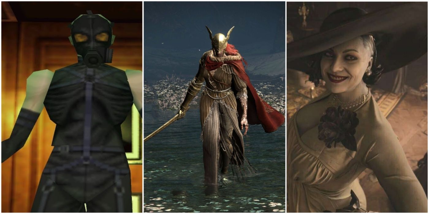 A split image showing Psycho Mantis in Metal Gear Solid, Malenia, Blade of Miquella in Elden Ring, and Lady Dimitrescu in Resident Evil Village