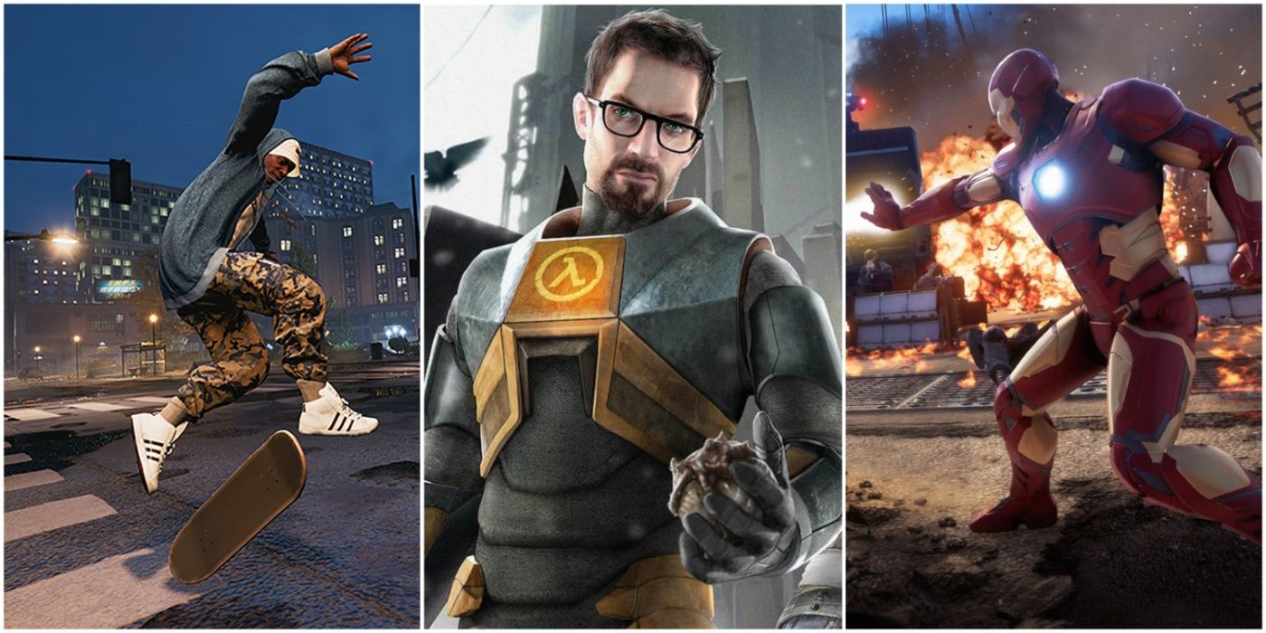 Split image: Tony Hawk's Pro Skater, Gordon Freeman in Half-Life, and Iron Man in Marvel's Avengers.