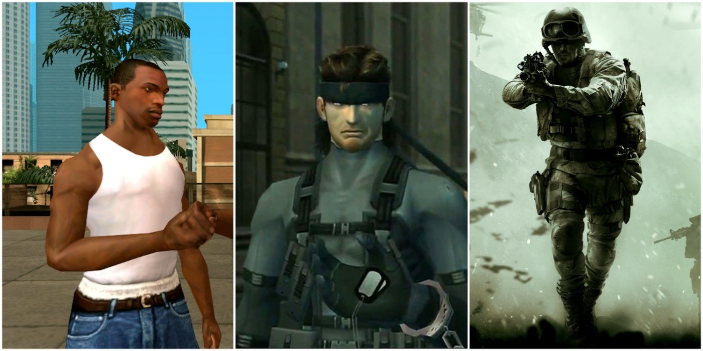 A split image showing CJ in Grand Theft Auto: San Andreas, Solid Snake in Metal Gear Solid 2: Sons of Liberty, and Call of Duty 4: Modern Warfare
