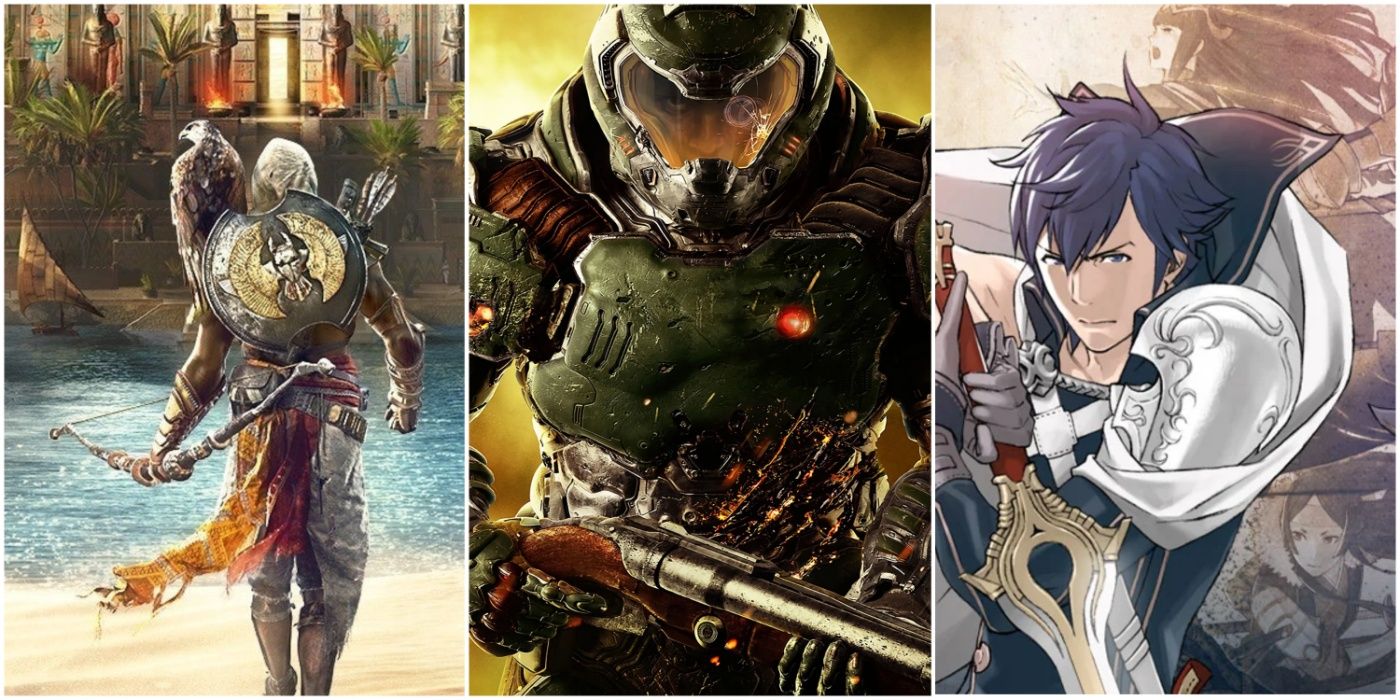 A split image showing Assassin's Creed Origins, Doom (2016), and Chrom in Fire Emblem Awakening.