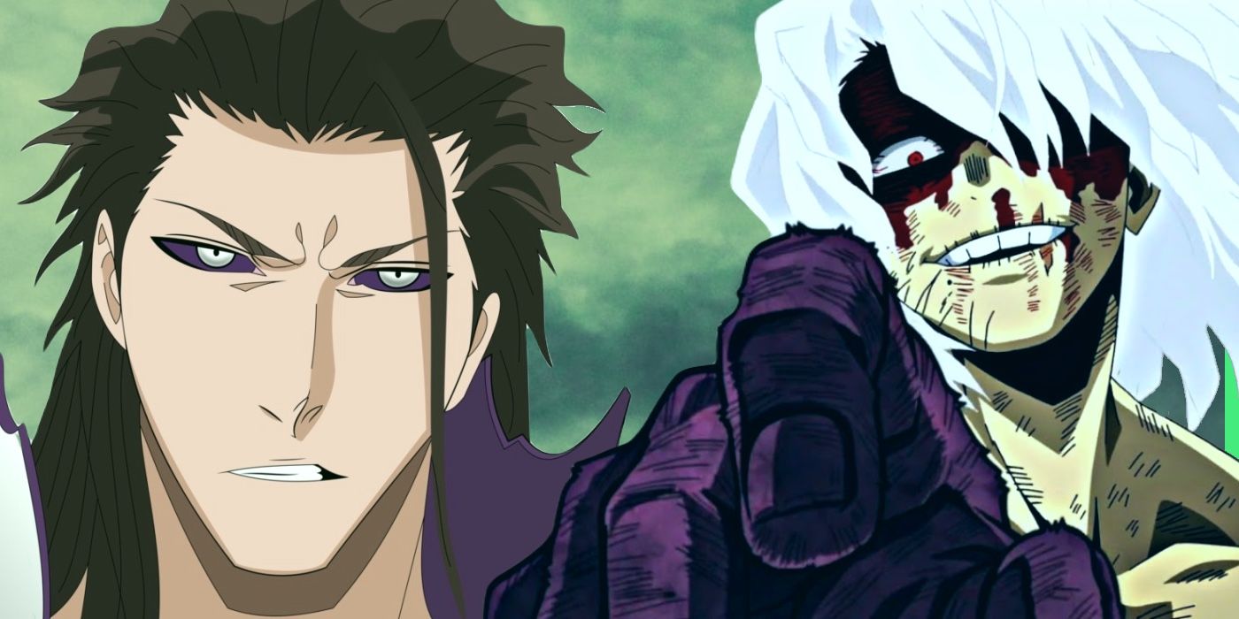 Sosuke Aizen powered up and sneering from BLEACH; Tomura Shigaraki and bloody and smiling - MHA