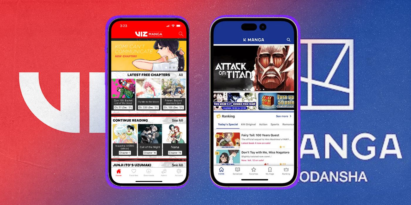 Cell phone screens showing Viz Manga and Kodansha's KManga reading apps