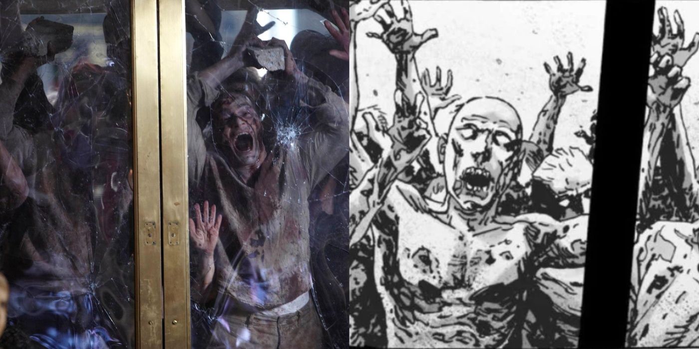 Walkers pressed up against a glass door in The Walking Dead TV show and comic book. 