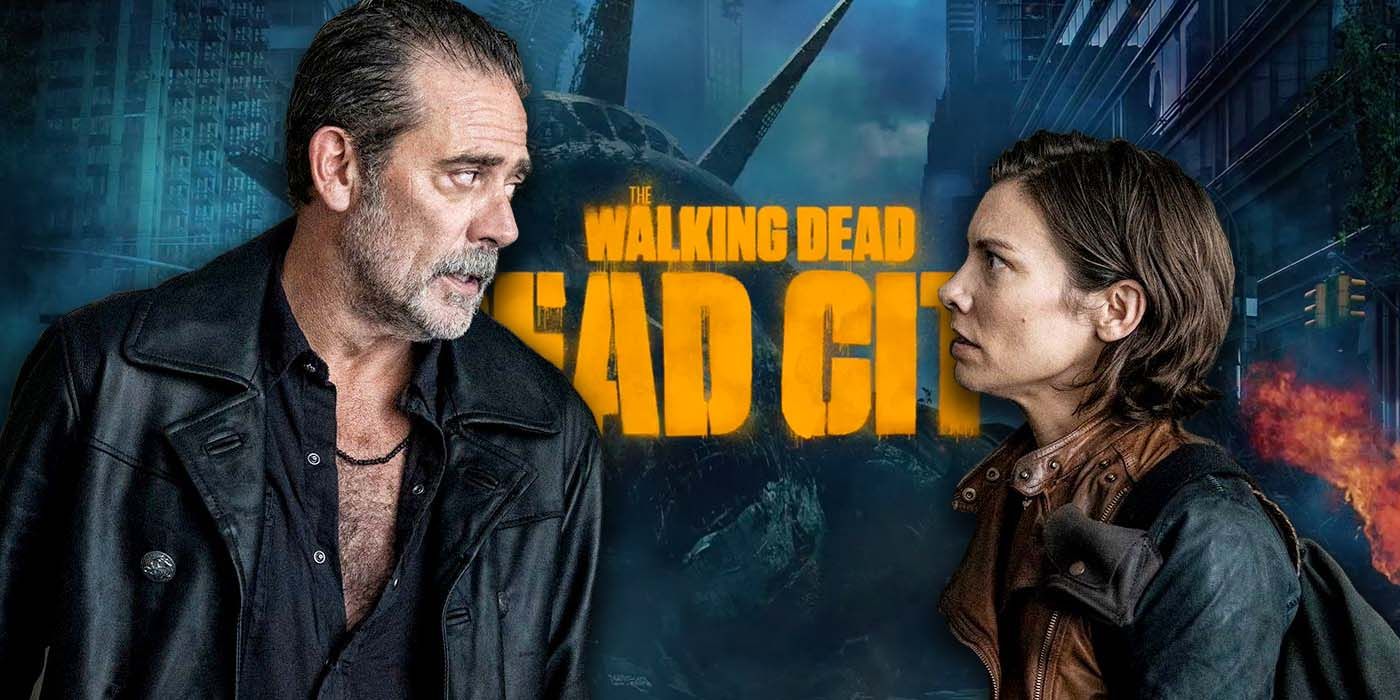 Walking Dead's Negan and Maggie standing in front of Dead City's Statue of Liberty