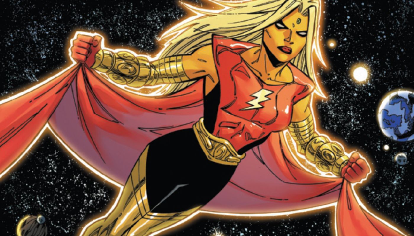 Eve Warlock atravessando o cosmos sozinha em uma fantasia que lembra a de Adam Warlock