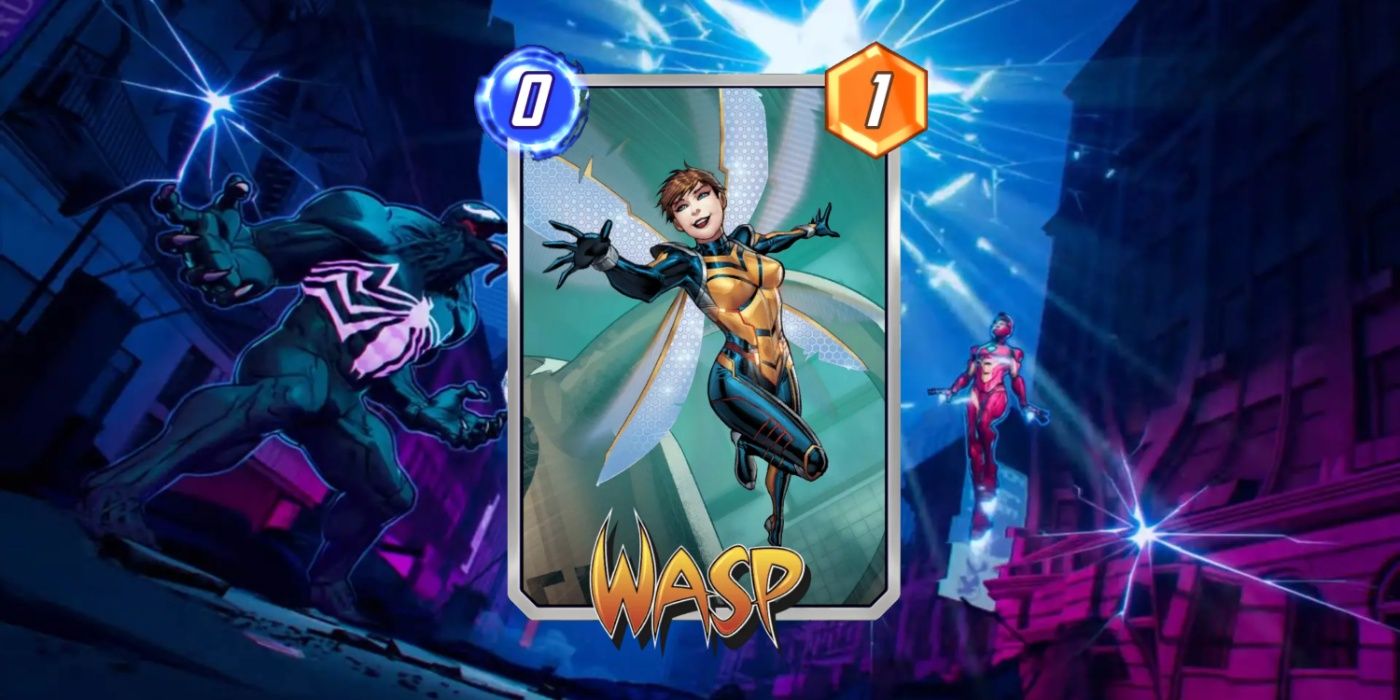 Cartão Marvel Snap do Wasp contra fundo de arte promocional.