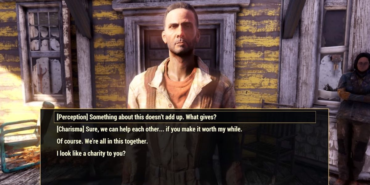 The human NPC dialog screen in the Wastelanders update for Fallout 76