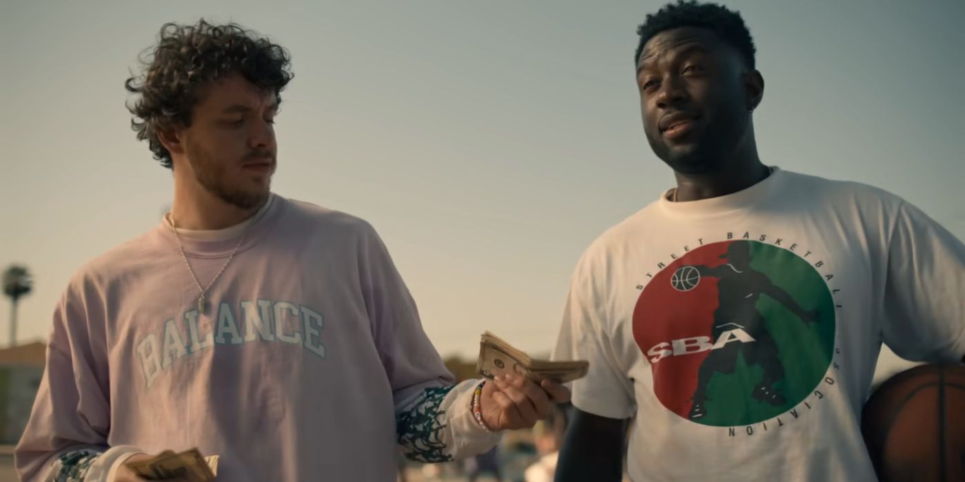 Sinqua Walls and Jack Harlow as Kamal and Jeremy in White Men Can't Jump.