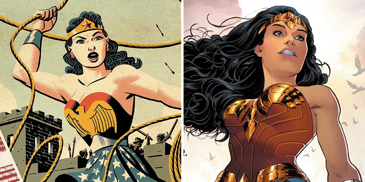 split image: Golden Age Wonder Woman and Rebirth Diana Prince