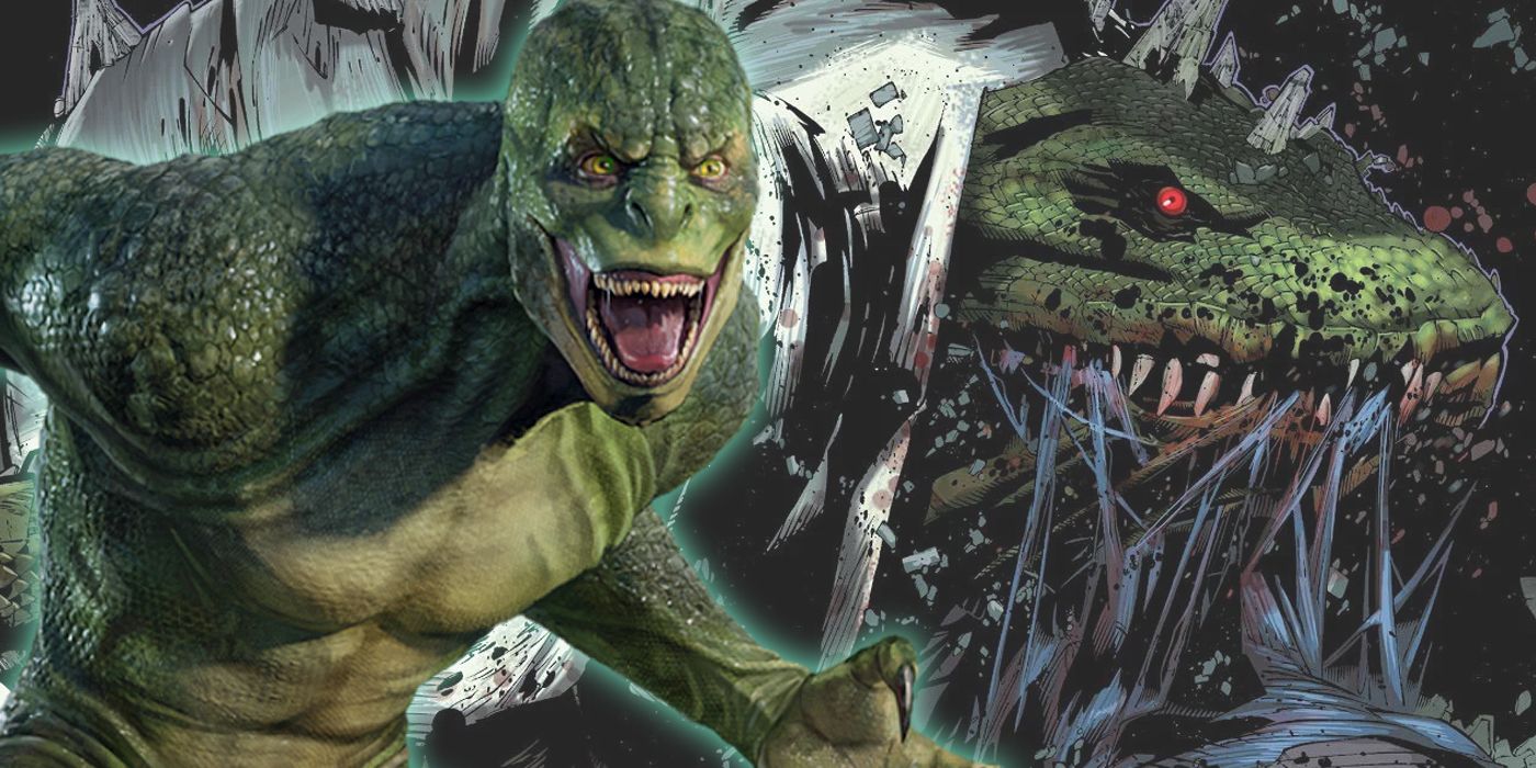 Split image of Lizard from the Spider-Man movies and the comic version in the background