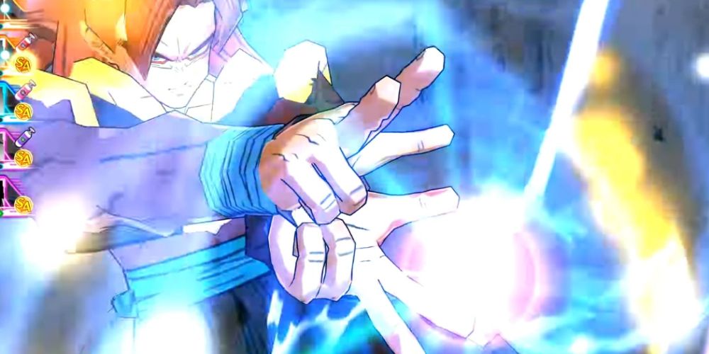 Xeno Gogeta em Super Saiyan 4 carregando o Atomic Kamehameha