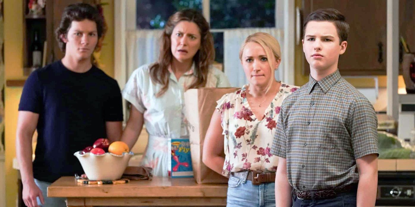 Georgie, Mary, Mandy and Sheldon in the Cooper kitchen.