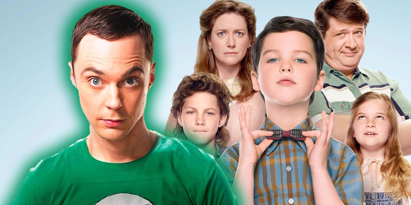 Adult Sheldon Cooper beside an image of the Cooper family from Young Sheldon.