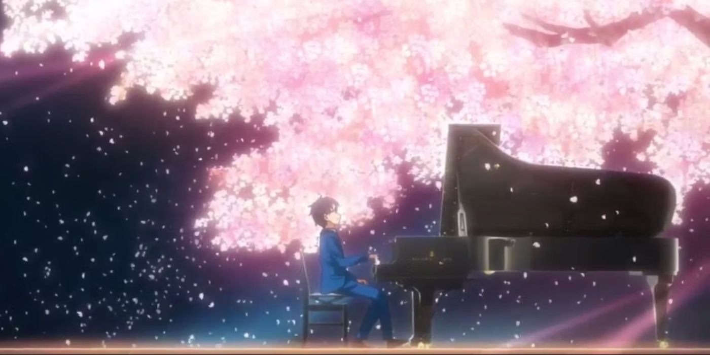 Kousei playing piano under a blooming sakura tree in Your Lie in April