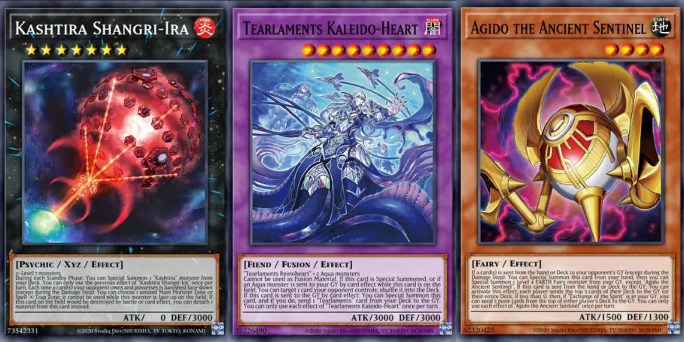 yugioh meta monsters com kashtira shangri-ira, lacrimejamento kaleido heart e agido o antigo sentinela