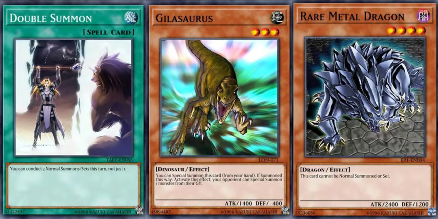 cartas de convocação normal, conjunto e convocação especial yugioh com convocação dupla, gilasaurus e dragão de metal raro