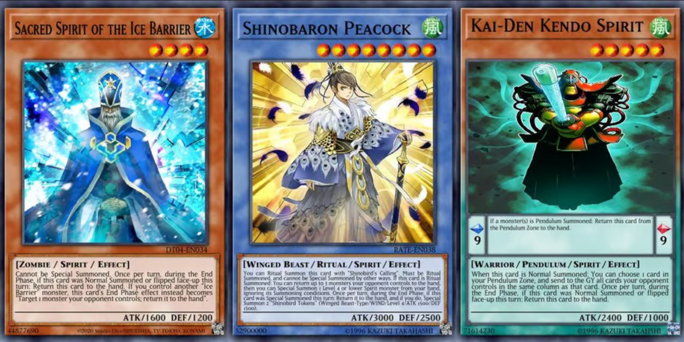 monstros espirituais yugioh ao longo dos anos, espírito sagrado da barreira de gelo, pavão shinobaron e espírito kai-den kendo