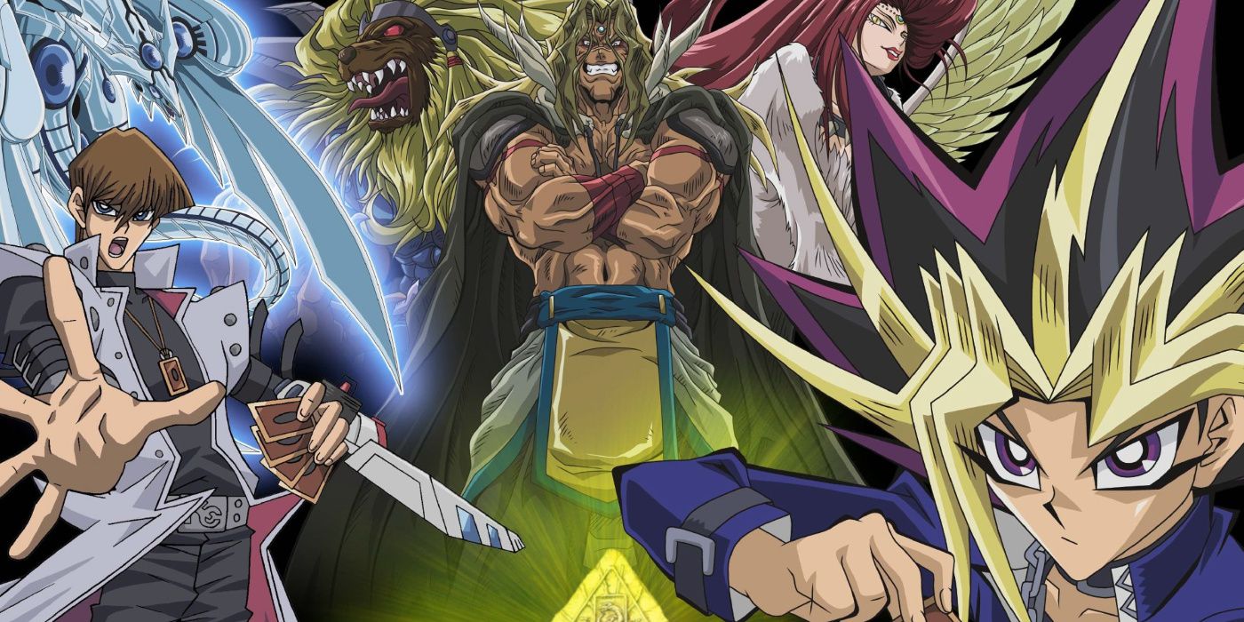 imagem promocional do filme yugioh com kaiba, dragão brilhante de olhos azuis, esfinge andro, anubis, esfinge teleia e yugi