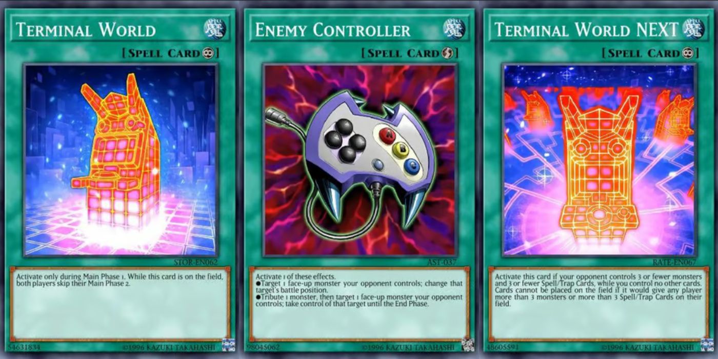 o tema do videogame yugioh soletra o mundo terminal, o controlador inimigo e o mundo terminal a seguir