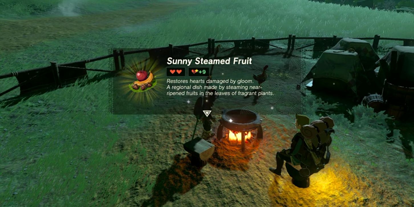 Zelda: Tears of the Kingdom - Link kakes Sunny Steamed Fruit em um acampamento nas profundezas