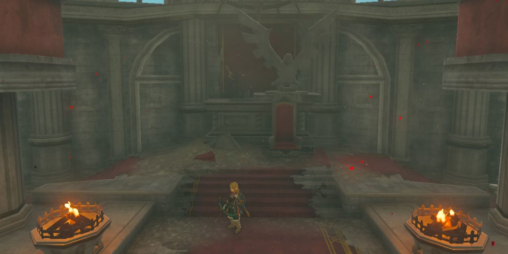 Zelda Tears of the Kingdom - Link caminhando entre duas tochas na Sala do Trono