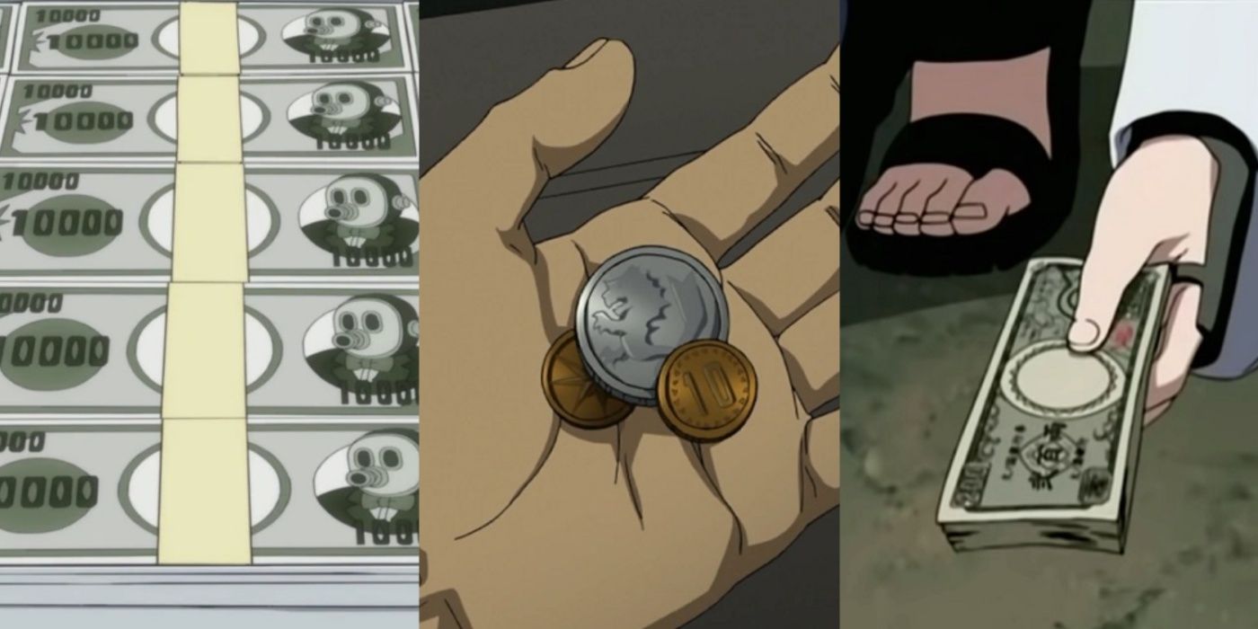 A collage of Zeni, Cens, and Ryo, examples of anime currency.
