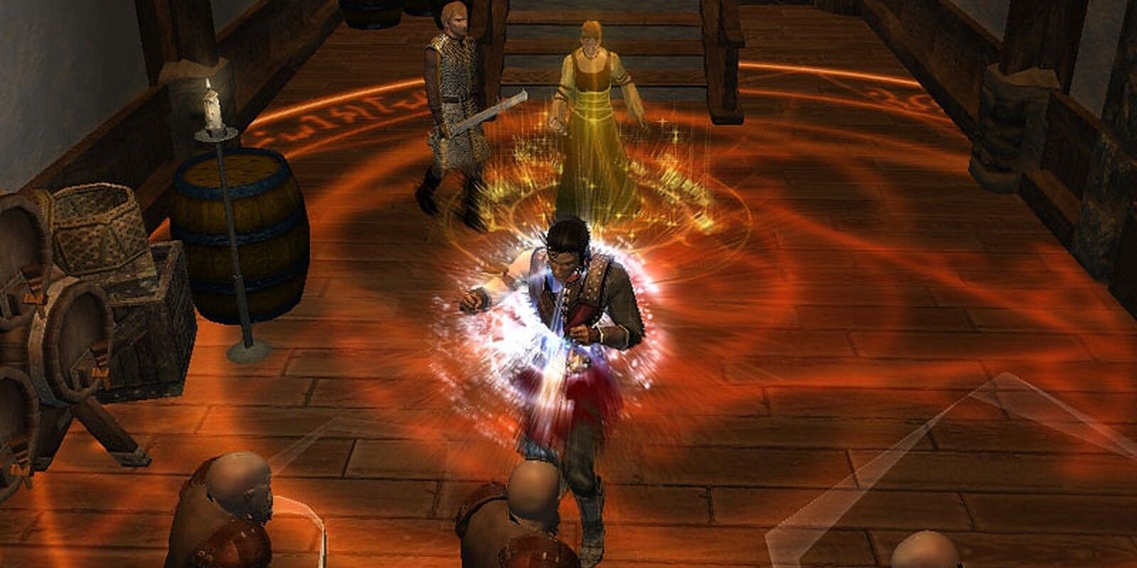 Aventureiros praticam sua magia contra manequins de treinamento