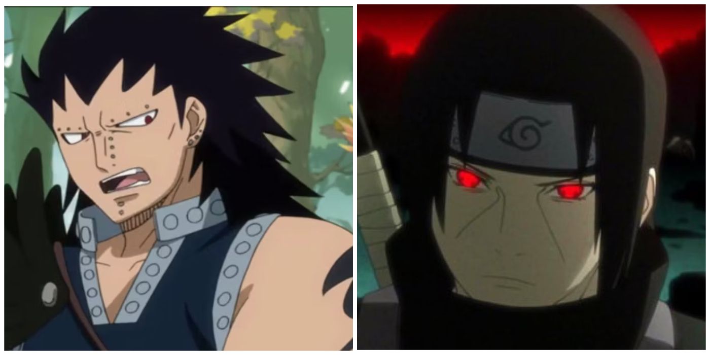 Split image of Gajeel from Fairy Tail and Itachi from Naruto